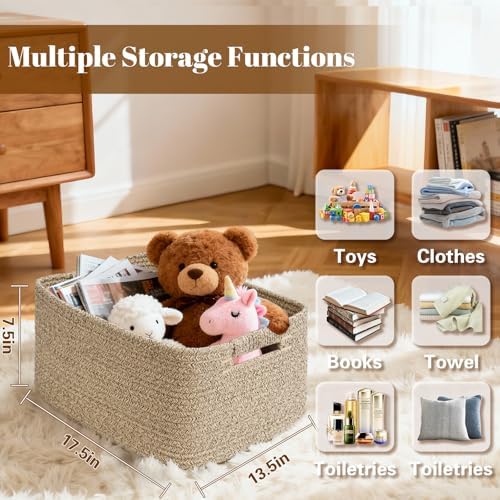 2 Pack Large Storage Basket for Organizing, 17.5"x13"x7" Woven Basket for Shelves, Closet Cube Storage Bins with Wrapped Handle, Cotton Rope Baskets for Kitchen, Clothes, Toys (Natural) - Image 2