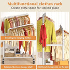 Laiensia Double Rods Garment Rack with Wheels, Clothing Rack for Hanging Clothes,4 Hooks, Multi-functional Bedroom Clothes Rack, White - Image 4
