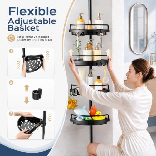 HAMITOR Corner Shower Caddy Tension Pole: Adjustable Stainless Steel Shower Organizer 4 Tier Shelf for Bathroom Bathtub Shampoo - Floor Standing Rack Bath Storage Holder with Rust Proof Rods- Black - Image 6