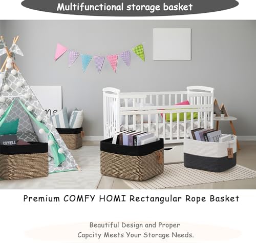 COMFY-HOMI 3PACK Cotton Rope Square Basket with Handles for Shelves|Dog Toy Bin and Storage|Baby Gift|Shoe Organizer|New 13.5" x 11" x 9.5" for Living Room (Black/Jute) - Image 3