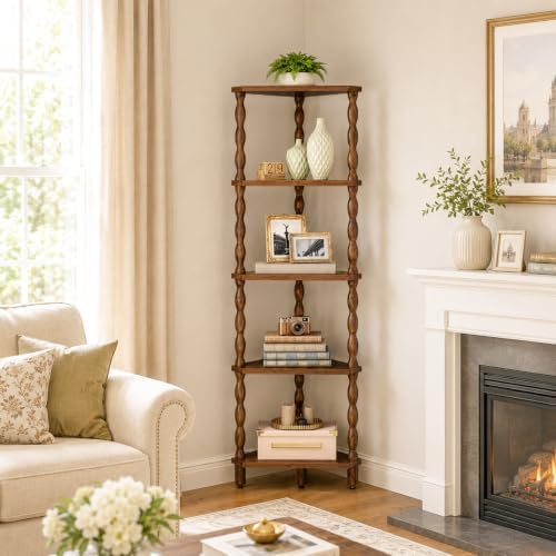 HOOBRO Corner Shelf, 5-Tier Wooden Corner Bookshelf for Small Space, Stylish Corner Storage Display Shelves for Living Room, Kitchen, Office Rustic Brown FG195CJ01 - Image 2