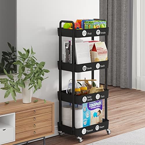 4 Tier Rolling Cart with Wheels, Utility Storage Carts,Black - Image 6