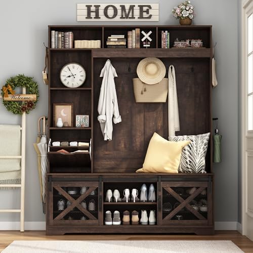 75''H 59''W Large LED Farmhouse Hall Tree with Bench and Shoe Storage,Entryway Bench with Coat Rack,16 Shoe Cubbies & Umbrella Holder and Sock Storage Drawer,Mudroom/Hallway Storages Cabinet(Brown) - Image 6