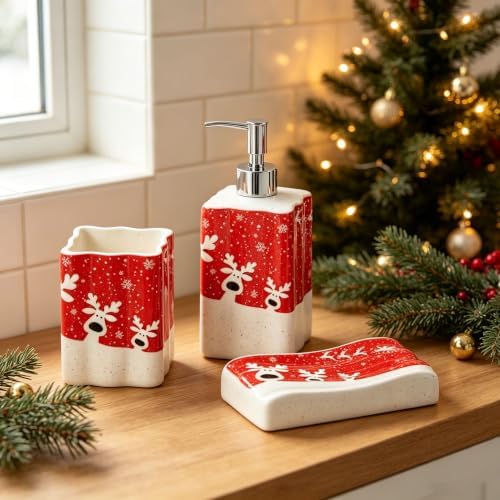 Christmas Reindeer Bathroom Accessories,3-Piece Ceramic Bathroom Accessory Set with Soap Dish, Dispenser, and Tumbler, Red - Image 5