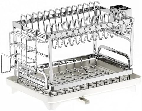 TarnorLe Double Layer Dish Drying Rack, Storage Super Large Bowl Dish Rack, Multifunctional Kitchen Countertop with Drain Pan, 304 Stainless Steel Kitchen Drying Rack, Tableware, Glass Drying Rack - Image 2