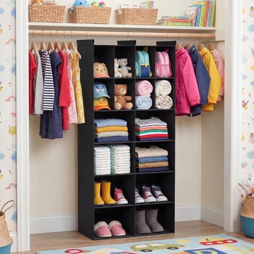6 Tier Hanging Closet Organizer, 16 Compartments Dual Row Storage, Black - Image 2