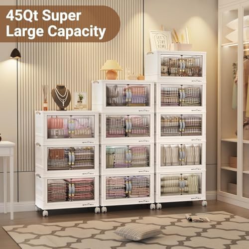 BROVIEW 180Qt Stackable Storage Bins with Lid, Extra Large Closet Organizer Collapsible Drawer Boxes with Wheels, Folding Plastic Cabinet Containers for Home Kitchen Room Organization, 4Pack White - Image 5