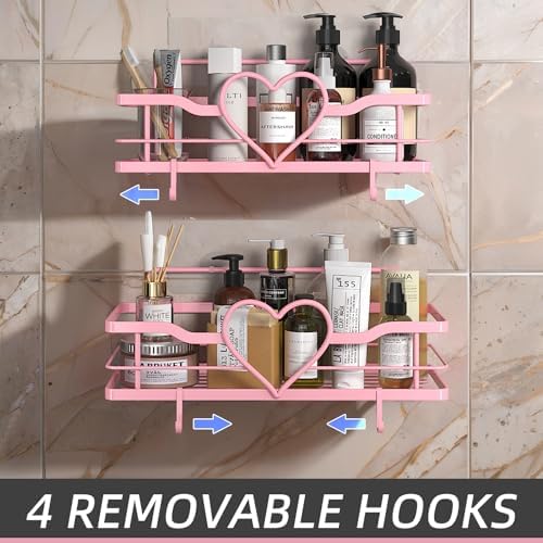 Pink Shower Caddy with 4 Removable Hooks, 2 Pack Sweet Heart Shower Shelves,No Drilling Adhesive Organizer Shelf for Bathroom Shower,Kitchen,Bedroom - Image 4