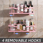 Pink Shower Caddy with 4 Removable Hooks, 2 Pack Sweet Heart Shower Shelves,No Drilling Adhesive Organizer Shelf for Bathroom Shower,Kitchen,Bedroom - Image 4