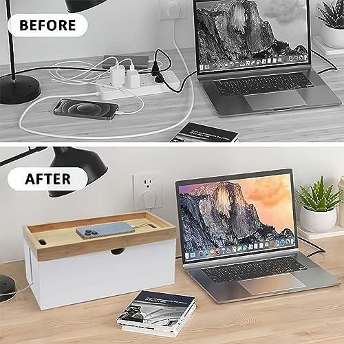 Bamboo Cable Management Box, Large Cord Organizer Box Cable Box to Hide Wires & Power Strips for Desktop Storage Cord Holder for Office Home,No Assembley Required - Image 3