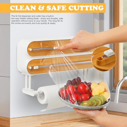 Magnetic Plastic Wrap Dispenser with Cutter - Quasziwa Refillable Tin Foil and Plastic Wrap Organizer for Kitchen, Aluminum Foil Dispenser with Paper Towel Holder Wall Mount - Fits 12" Roll, White - Image 2