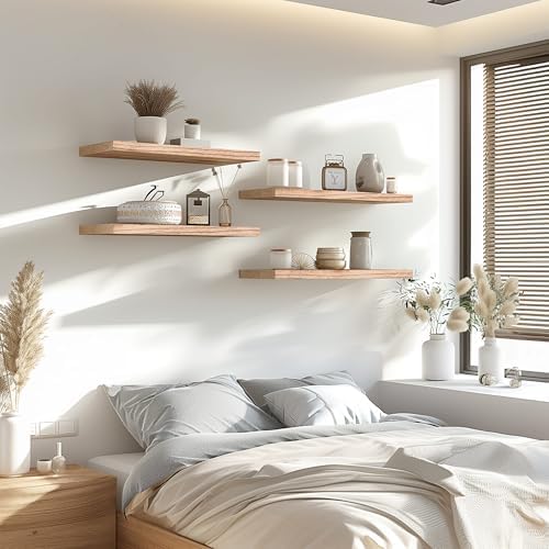 YYWUOJJ Wood Floating Shelves for Wall Decor, Rustic Wall Shelves for Bedroom Bathroom Kitchen Living Room, Set of 4 Light Walnut - Image 3
