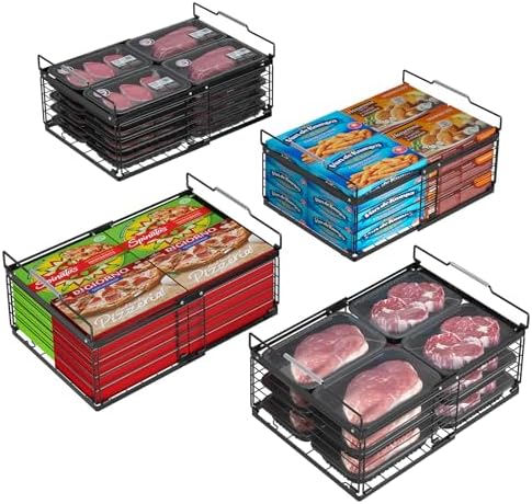 ADRIMER Freezer Organizer Bins, 4 Packs Foldable & Stackable Chest Freezer Organizer Bins with Adjustable Length 11-17.3", Metal Wire Storage Baskets for Upright Freezer, Deep Freezer, Pantry, Black by Adrimersdreamistobeanindispensablecompanioninyourlife