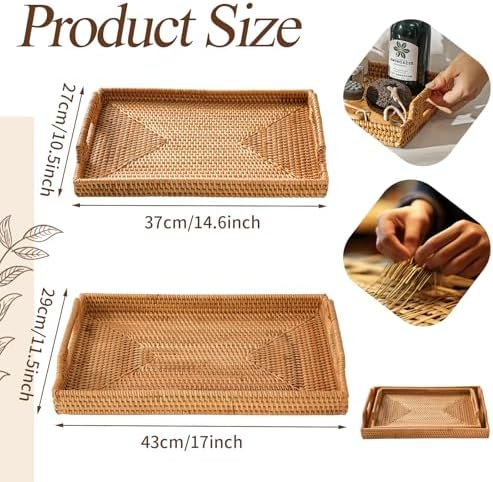 14.5'' Rattan Serving Tray Rectangle with Handles, Vintage Wicker Table Tray for Decor, Boho Hand Woven Seagrass Coffee Table Basket Tray for Ottoman, Breakfast, Bathroom, Outdoor - Image 3