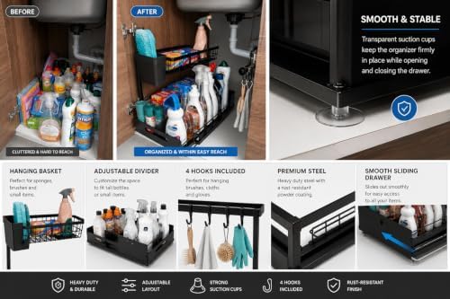 2-Tier Under Sink Organizer, Pull-Out Sliding Drawer, Heavy Duty Metal Storage Rack with Hooks, Hanging Basket & Adjustable Divider for Kitchen and Bathroom - Image 4