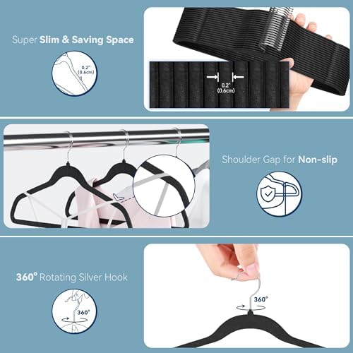 Premium Velvet Hangers 60 Pack, Non Slip Clothes Felt Hanger Heavy Duty for Coat, Premium Slim Space Saving Suit Hangers for Closet Organizer, 360° Rotating Silver Hook - Image 3