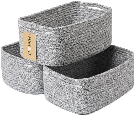MiniArk Small Storage Baskets for Organizing | Closet Organizer Bins | Shelf Toy Basket | Woven Rope Baskets | Cube Decorative Box | Shallow Basket | 13x8.5x5.1” | 3 Packs Mixed Grey by MiniArkStorageBasketsHome