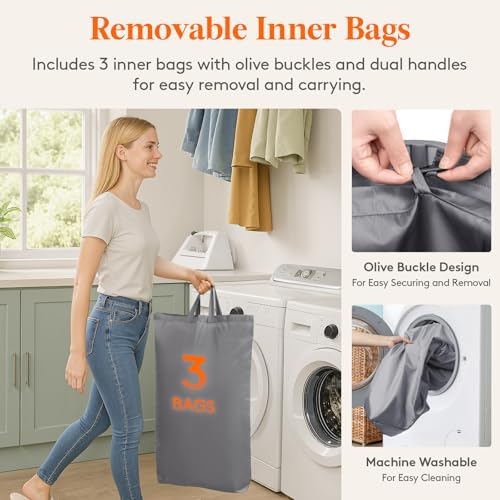 Lifewit 165L Large Laundry Basket with Lid, Laundry Hamper with Plastic Handles and Removable Bag, Foldable Tall Dirty Clothes Hampers for Laundry for Laundry Room, Bedroom, Bathroom, Dorm, Light Gray - Image 6