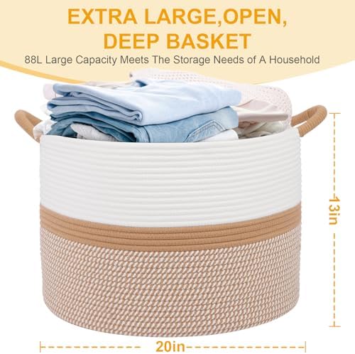 Laundry Basket,Laundry Hamper,20''x13''Woven Cotton Rope Blanket Basket in Living Room;Toy storage;Nursery hamper,Pillows,Girls Kids Baby Toy chest,Baskets for storage,Decor (White/Brown) - Image 2