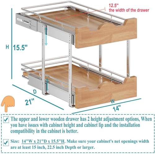 OCG Pull Out Cabinet Organizer 14" W x 21" D, 2 Tier Slide Out Shelf, Heavy-Duty Pull Out Drawer for Cabinets, Base Cabinet Organization for Kitchen, Pantry, Bathroom - Image 2