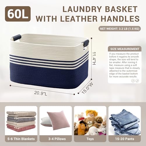 60L Woven Laundry Basket Hamper with Leather Handles,Navy - Image 2