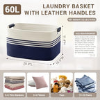 60L Woven Laundry Basket Hamper with Leather Handles,Navy - Image 2