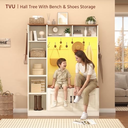 TVU Hall Tree with Bench & Shoe Storage, Farmhouse Entryway Bench with Coat Racks & Led Lights, Entryway Solution with 7 Storage Cubbies, & 10 Double Hooks, Adjustable Shelf & Barn door - Image 2
