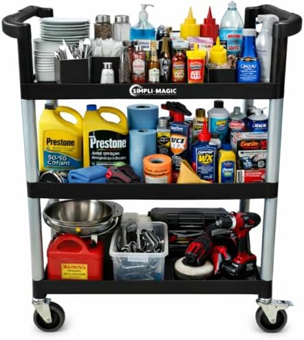 Simpli-Magic Rolling Utility Cart on Wheels, Heavy Duty Multi-Purpose Service Cart, Silver & Black, Garage, Warehouse & Commercial Use by Simpli-Magic