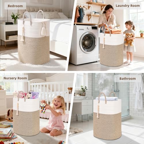 Woven Laundry Basket for Clothes, 100L Large Rectangle Laundry Hampers with Beads Tassel, Nursery Storage Basket for Toys, Tall Dirty Clothes Hamper for Bedroom Aesthetic, Laundry Room Organization - Image 5