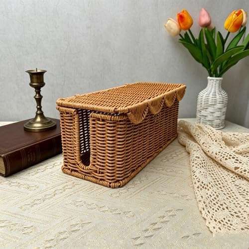 Wicker Rattan Storage Basket with Lid, Rectangular Cable Management Box, Natural Woven Organizer - Image 4