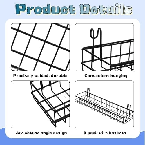 4 Pcs Metal Grid Wall Baskets with Hooks 15.75 x 3.94 x 1.97 Inch Hanging Wire Basket Organizer Wall Mounted Storage Shelves for Kitchen Bathroom Office Home Organizing Display, Black - Image 3