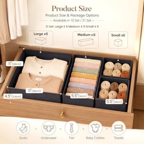 Drawer Organizer Storage for Clothes, Socks, 21 Pack, Black - Image 2