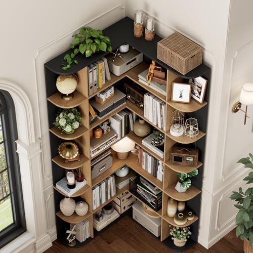 FOTOSOK 72" Corner Bookshelf, 6-Tier Bookshelf and Bookcase, Black/Brown - Image 4
