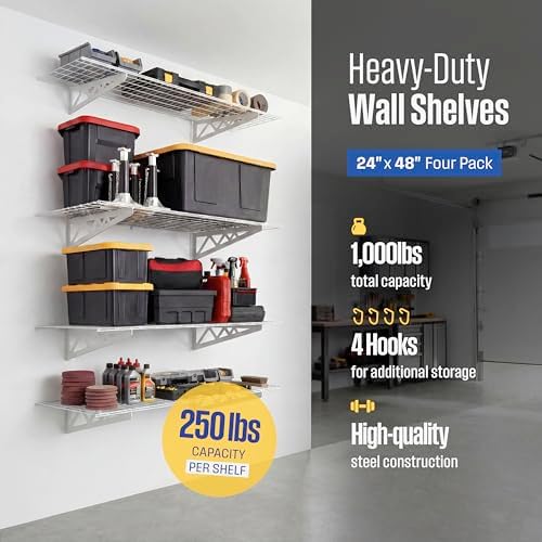 SafeRacks Steel Garage Wall Shelves 4-Pk w/Hooks, 500lb, White (24x48) - Image 2