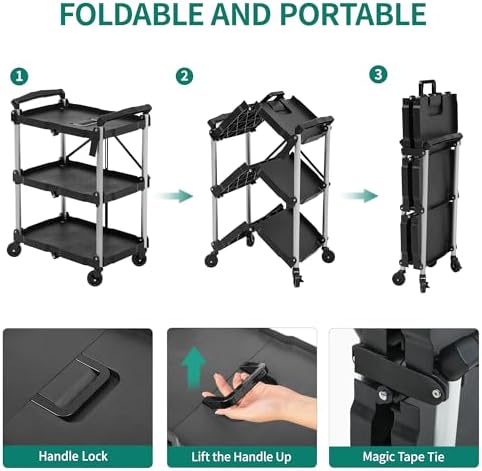 YITAHOME 3-Tier Folding Utility Cart with Wheels (2 Brakes), 240lbs - Image 2