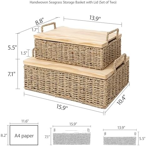 Woven Seagrass Wicker Storage Basket Set of 2 with Wooden Lids - Image 6