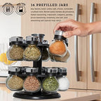 Kamenstein 16 Jar Ellington Revolving Countertop Spice Rack with Lift & Pour Caps and Spices Included, FREE Spice Refills for 5 Years: Black and Chrome - Image 2