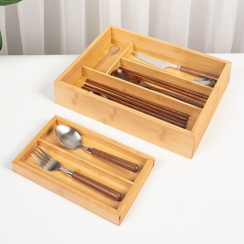 Bamboo Expandable Flatware Drawer Organizer Stackable Bamboo Silverware Drawer Organizer – 2-Tier Kitchen Utensil Tray with Compartments - Image 2