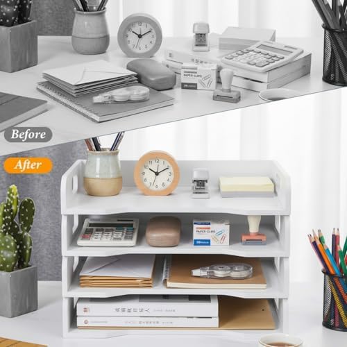 Yinkin Wooden Stackable Paper Trays 4-Tier Wooden Paper Organizer for Desk Letter Documents Woodens Desktop File Organizers for Desktop File Holder and Office Supplies Rack for Home Office Use(White) - Image 4
