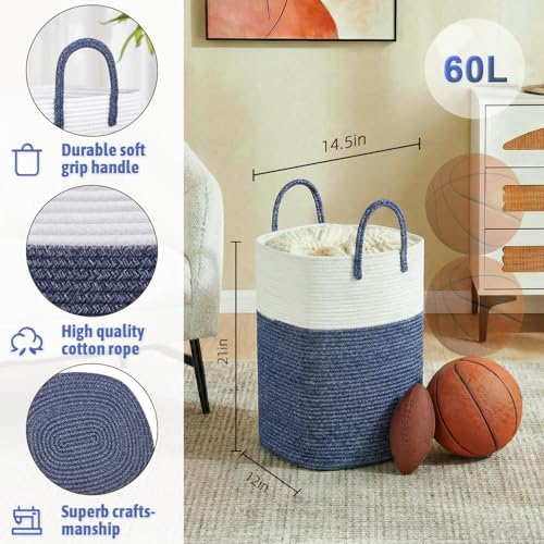 Laundry Basket,Woven Cotton Rope Laundry Hamper,Versatile Storage for Dirty Clothes,Baby Toys,and Blankets in Bathroom, Nursery,and Living Room (Blue, 60L) - Image 2
