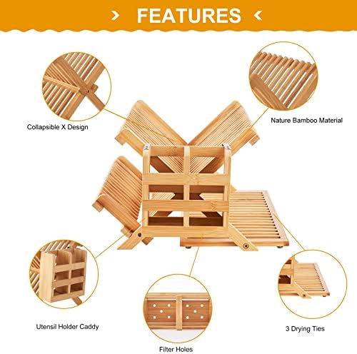 Bamboo Dish Drying Rack, 3 Tier Collapsible Wooden Dish Drainer Rack with Utensil Holder, Plate Rack for Kitchen Counter, Large Folding Drying Holder 51 pcs Grid - Image 4