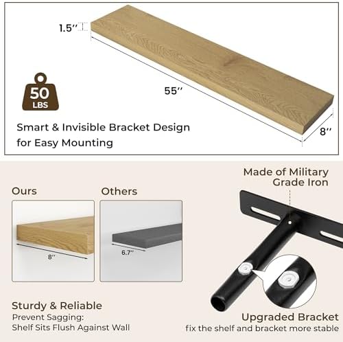 RICHFOCUS Long Floating Shelves for Wall 1Pack, Oak, 55" Lx8 D - Image 3