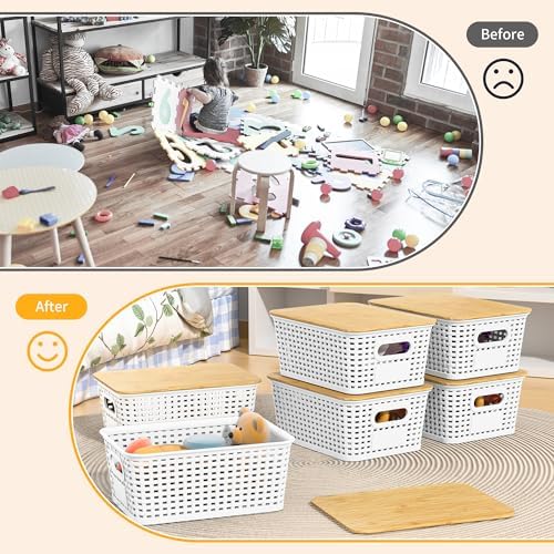 6 Pack Plastic Storage Baskets,White bamboo lid storage Box - Image 5