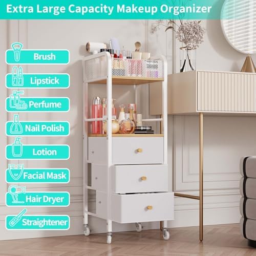 HapiRm Rolling Makeup Cart Organizer - Floor Skincare Make Up Storage with 3 Non-woven Fabric Drawers, Vanity Organizer Cosmetic Display Cases Holder for Skin Care Perfume Nail Polish Brush Hair Tool - Image 5