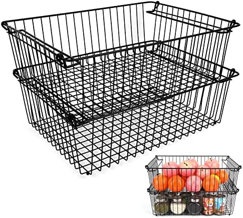 Set of 2 Stackable XXL Wire Baskets For Pantry Storage and Organization -16x12in Large Metal Food Baskets -Vegetable,Fruit,Potato,Onio, Pantry Storage Bins With Handles (Black, XXL) by Unknown