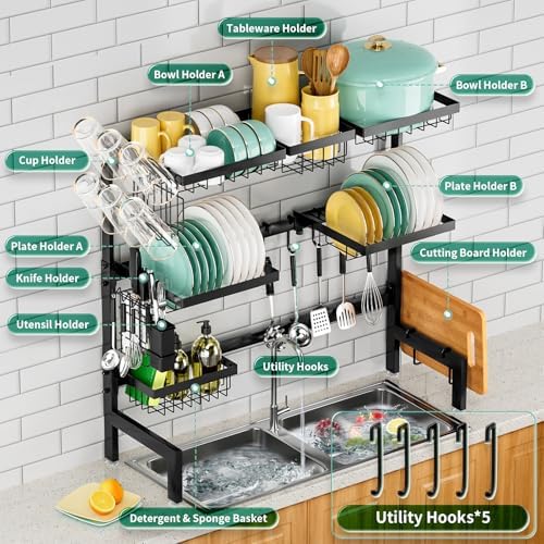 Over The Sink Dish Drying Rack,Expandable Length 3-Tier Large Stainless Steel Over The Sink Dish Rack with 6 Baskets, Utensil Holder Dish Drainers for Kitchen Counter - Image 2