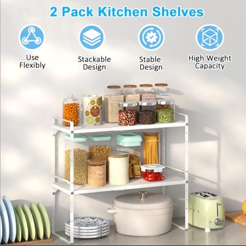 Set of 2 Expandable Cabinet Shelf Organizer, Stackable Kitchen Countertop Shelves Spice Racks, Small Storage Shelf For Cupboard Counter Tabletop, 30 LBS Heavy Duty, Adjustable, 13.8" to 21.6" Long - Image 3