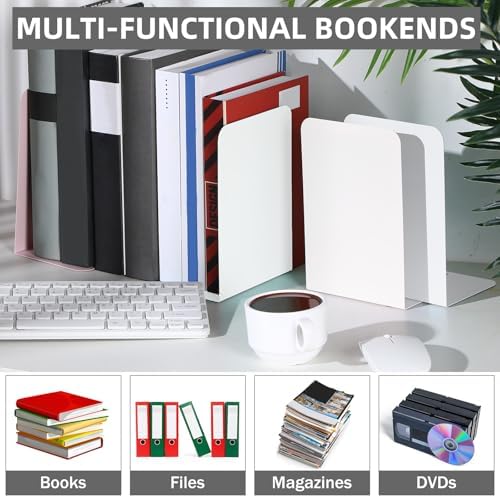 Beeveer 6 Pairs Metal Bookends for Shelves Office Library, White - Image 6