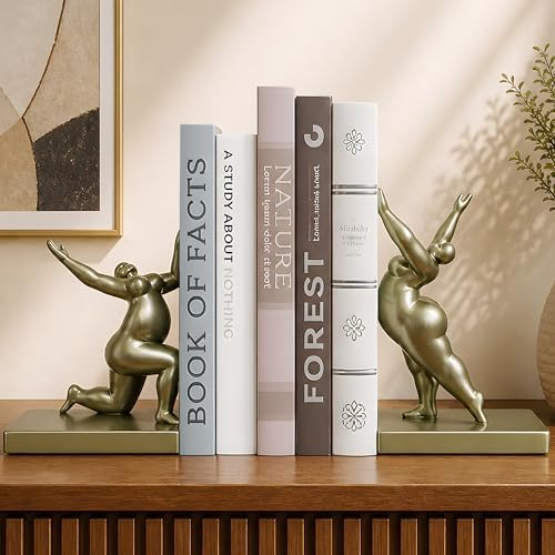 Sculptural Bookends Set of 2, Decorative Modern Bookends with Adjustable Phone & Tablet Holder, Artistic Resin Book Ends for Shelves, Heavy Duty Home & Office Decor – Metallic Sage by Unknown