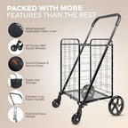 SereneLife Large Folding Utility Shopping Cart with Removable Liner – Heavy Duty, 360° Swivel Wheels, 110 lb Capacity, Portable for Groceries, Laundry, Luggage, and More (Black) - Image 2